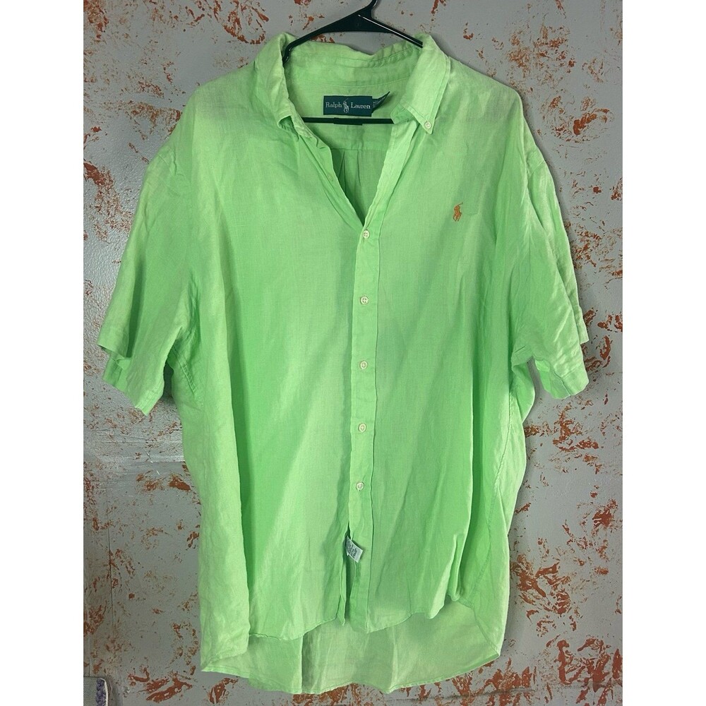 Ralph Lauren Linen Shirt Mens XXL Custom Fit Lime Green Short Sleeve Button Down